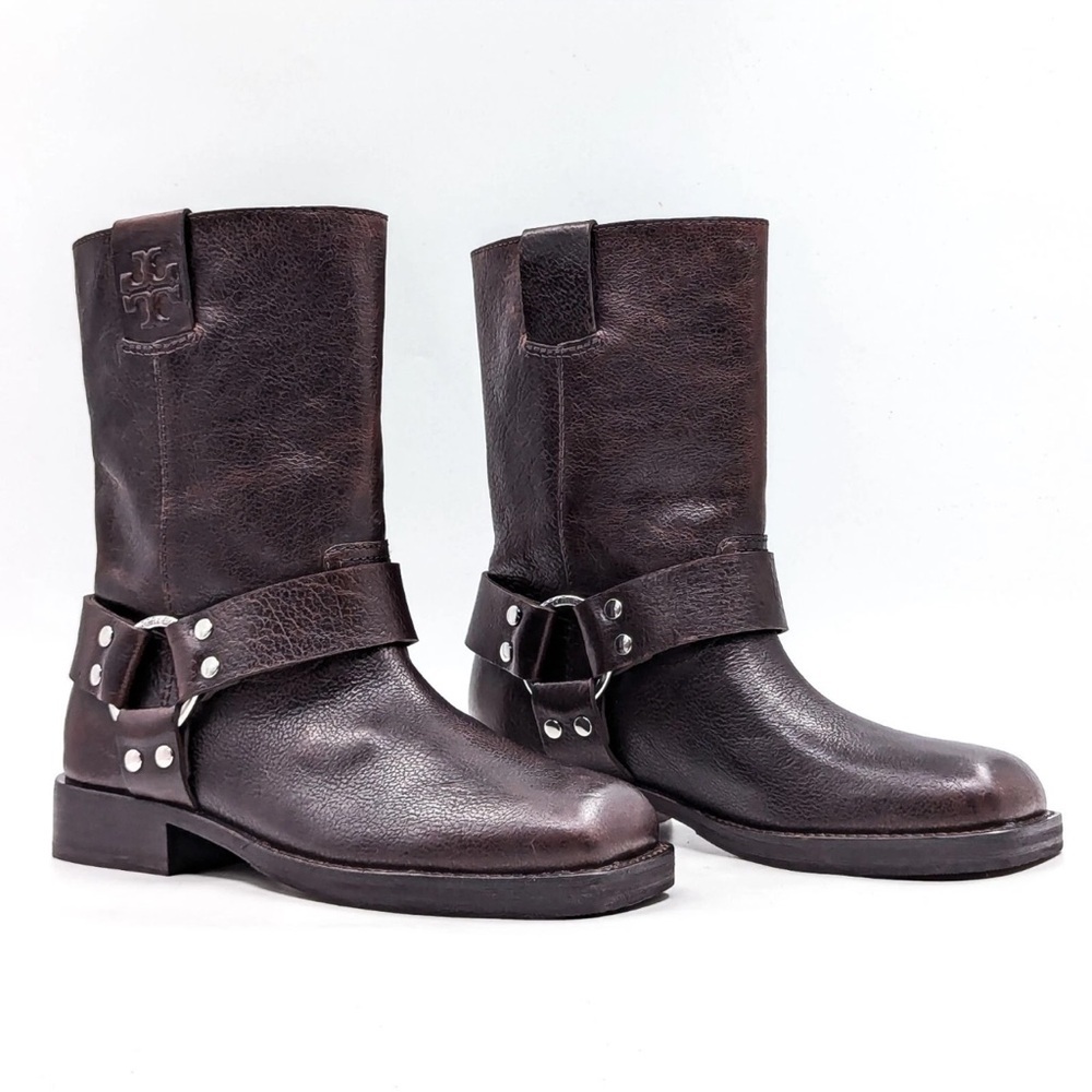 Tory Burch Women Double T Moto Biker Dark Leather Harness Boots in Brown NWOB